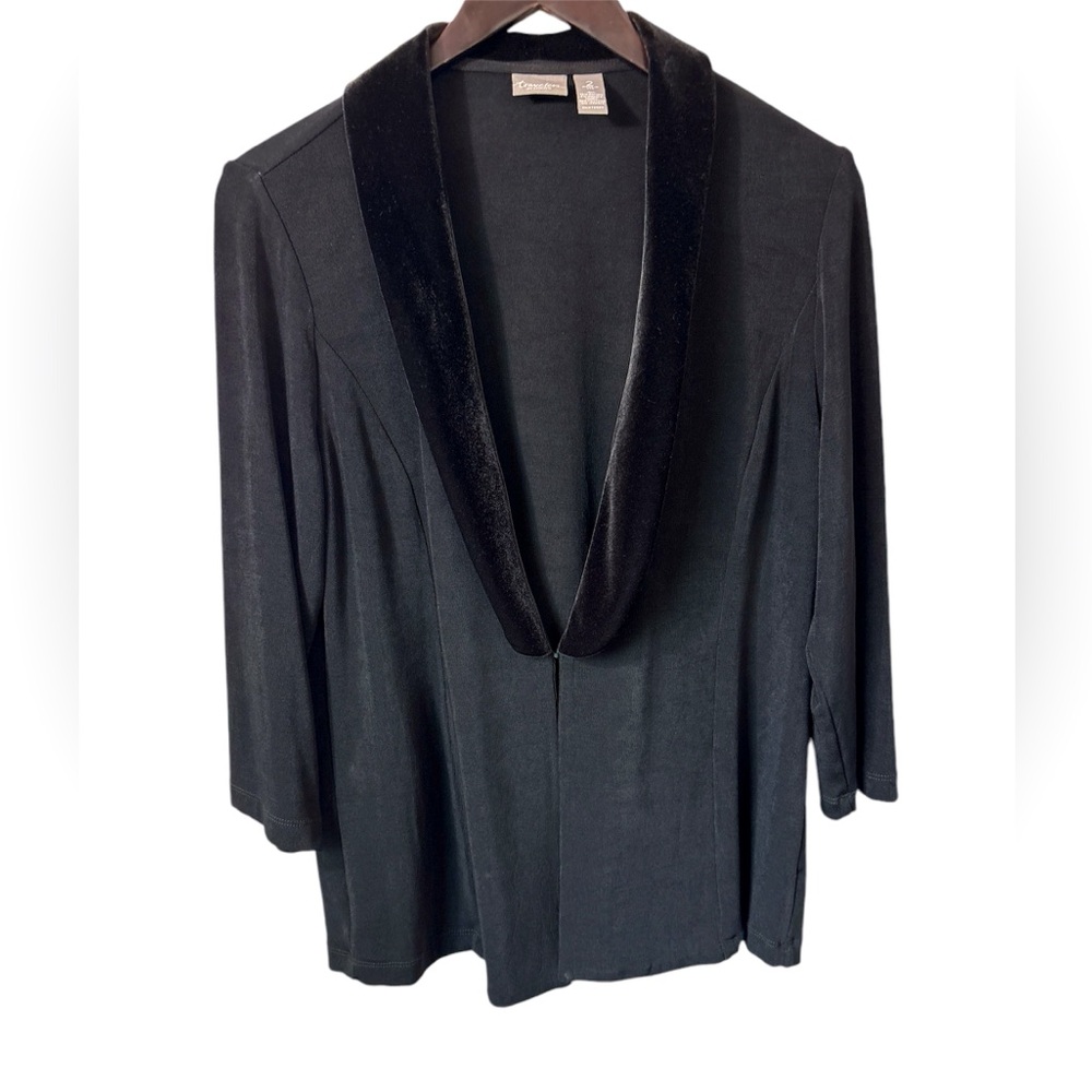 Chicos Travelers Size 2 US Large Velvet Trim Black Open Front Cardigan Jacket